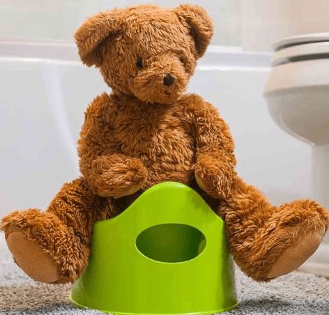 teddy bear sitting on training potty