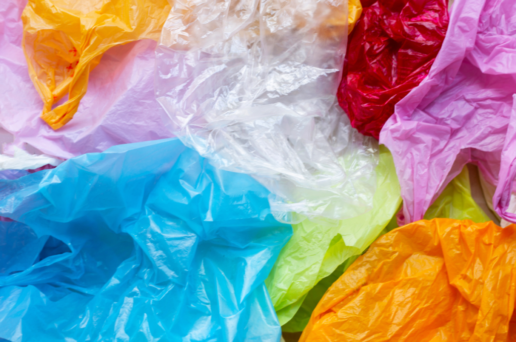 A number of colored plastic bags