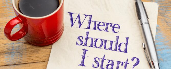 Coffee mug with note asking where should I start