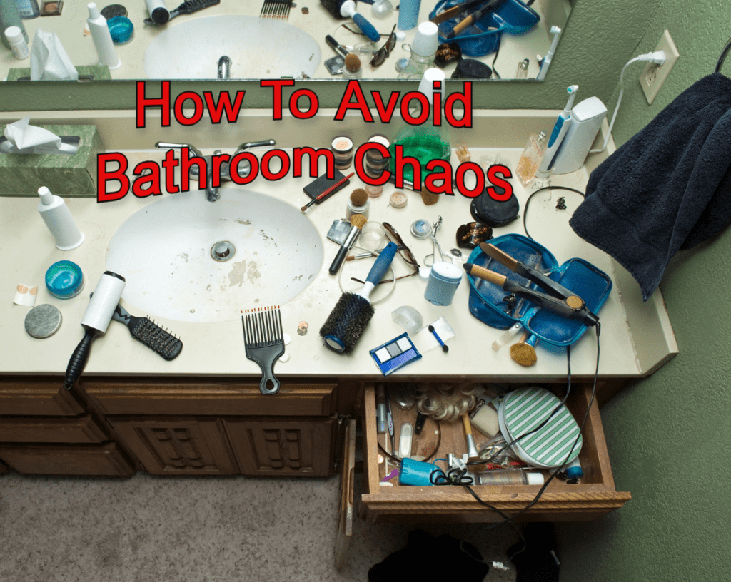 Very cluttered bathroom vanity with make-up, hair supplies, and more strewn about