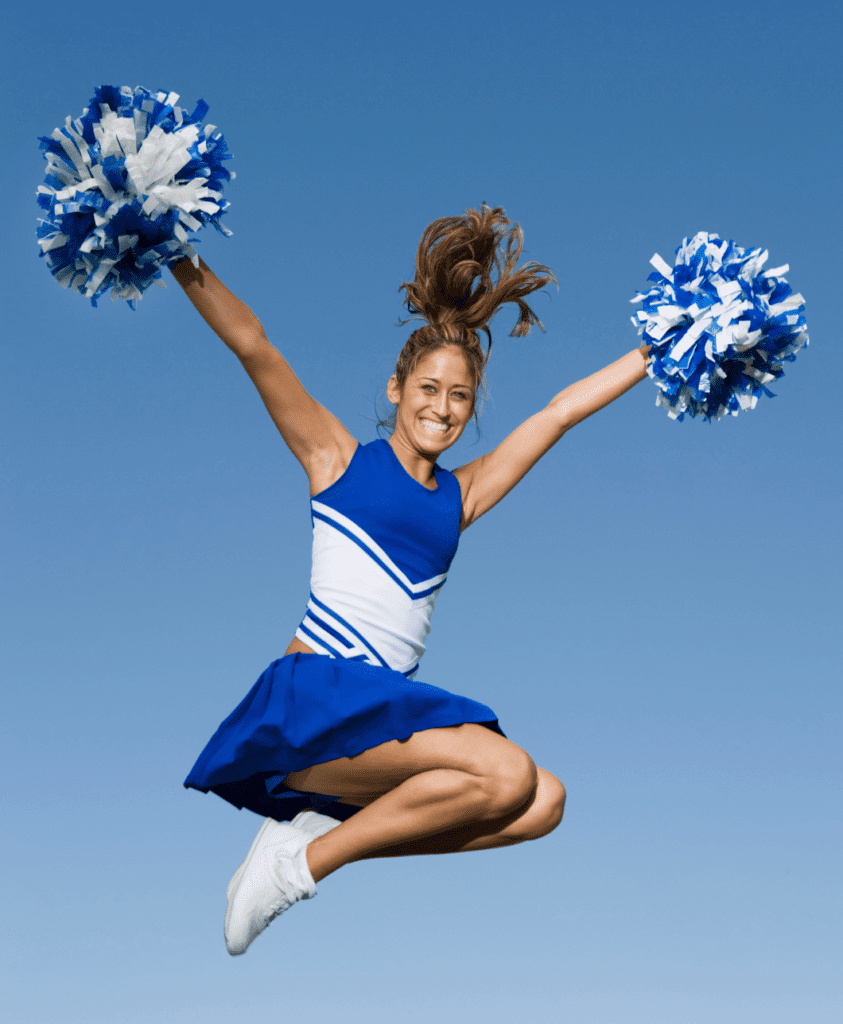 Cheerleader jumping high in the sky shaking 2 pom poms