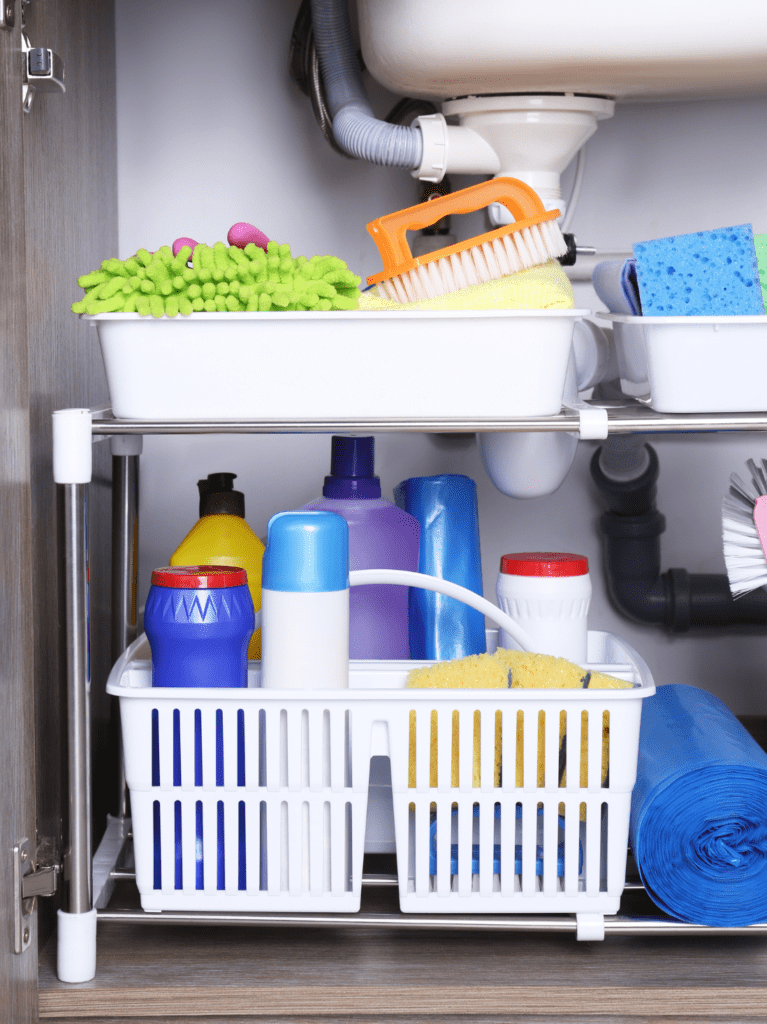 Cleaning supplies neatly organized under bathroom sink