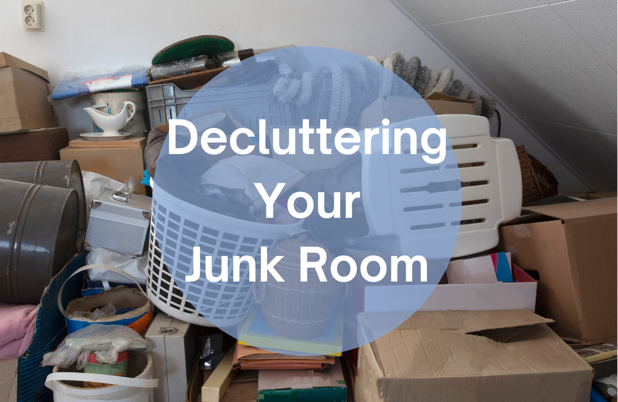 A junk room with the caption written over it of "Decluttering Your Junk Room"
