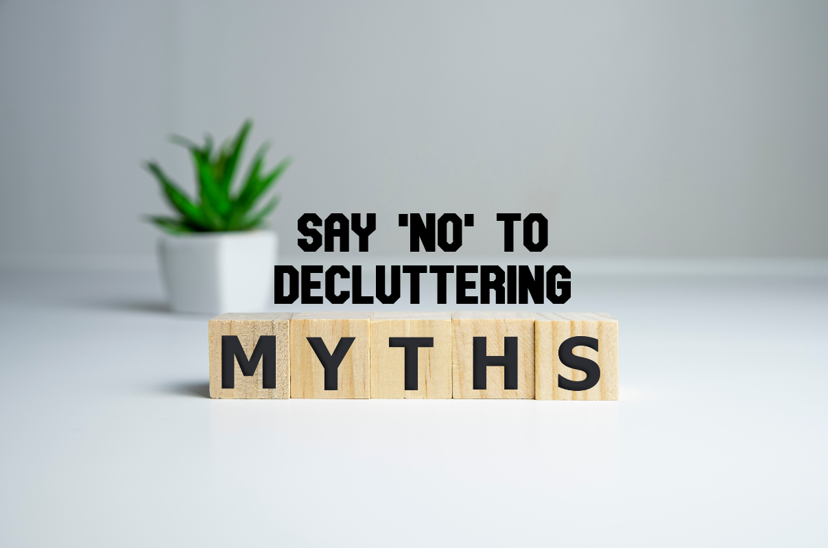 Minimalistic gray background with a small plant in the foreground and the words "Say 'No' To Decluttering Myths' in the foreground