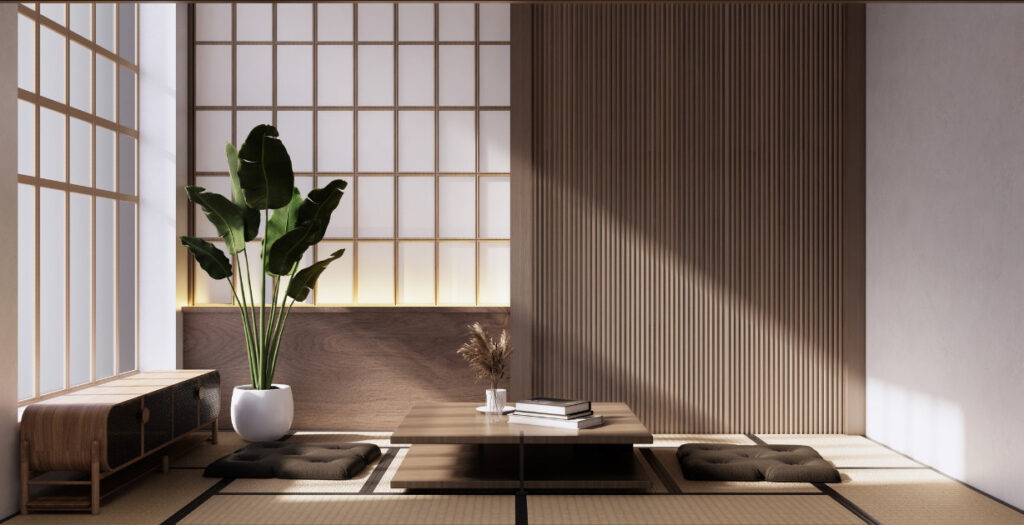 Japanese room with minimal furniture and filtered light