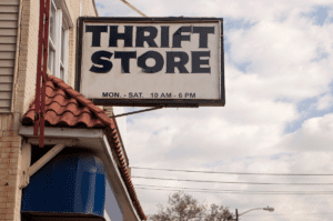 Facade of a thrift store with a sign that says 'thrift store'